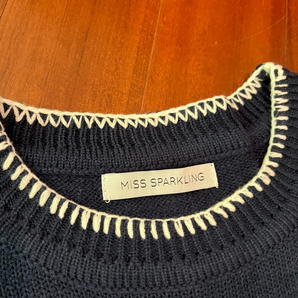 Blue‎ White Bow Sweater Navy Miss Sparkling Knit Crew Long Sleeve New Size Large - Picture 2 of 8